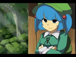 Rule 34 | 1girl, blue eyes, blue hair, crossed arms, female focus, hair bobbles, hair ornament, hat, kawashiro nitori, key, kitsune (kazenouta), letterboxed, matching hair/eyes, short hair, solo, touhou, tree, twintails, two side up