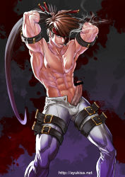 Rule 34 | 1boy, abs, armpits, ayukisa, bad id, bad pixiv id, bar censor, bara, brown hair, censored, cigarette, erection, feet out of frame, guilty gear, headband, large pectorals, long hair, male focus, muscular, muscular male, navel, nipples, pants, pectorals, penis, ponytail, smoking, sol badguy, solo, spiked hair, topless male, white pants