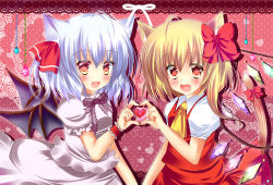 Rule 34 | 2girls, animal ears, ascot, bad id, bad pixiv id, bat wings, blonde hair, blue hair, blush, bow, cat ears, cat girl, cat tail, dress, fang, female focus, flandre scarlet, hair bow, hair ribbon, heart, heart-shaped pupils, heart hands, heart hands duo, kemonomimi mode, looking at viewer, multiple girls, no headwear, no headwear, open mouth, pink dress, pink eyes, puffy sleeves, red dress, remilia scarlet, ribbon, rika-tan (rikatantan), shirt, short sleeves, side ponytail, silver hair, smile, symbol-shaped pupils, tail, tail ornament, tail ribbon, touhou, wings