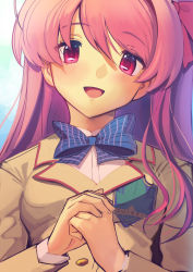 Rule 34 | 1girl, :d, absurdres, blue bow, blue bowtie, boa (brianoa), bow, bowtie, chaos;head, emblem, hair bow, head tilt, highres, jacket, looking at viewer, open mouth, own hands together, pink eyes, pink hair, red bow, sakihata rimi, school uniform, shirt, smile, solo, upper body, white shirt, yellow jacket