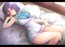 Rule 34 | 1girl, bare shoulders, barefoot, blush, breasts, dress, futon, highres, indoors, kagami uekusa, large breasts, letterboxed, looking at viewer, lying, mole, mole under eye, nijisanji, on back, open mouth, pillow, purple hair, shizuka rin, short dress, simple background, sleeveless, smile, solo, toes, turtleneck, virtual youtuber, yellow eyes