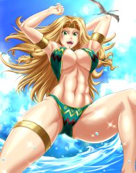 Rule 34 | 1girl, abs, absurdres, armpits, arms behind head, arms up, aztec, bare shoulders, bikini, blonde hair, breasts, brown headband, circlet, cleavage, day, fate/grand order, fate (series), green bikini, green eyes, headband, headdress, highres, hip focus, huge filesize, large breasts, long hair, low-tied long hair, navel, ocean, open mouth, pterosaur, quetzalcoatl (fate), sky, smile, solo, striped, swimsuit, thigh strap, underboob, very long hair, water, water drop, zantyarz