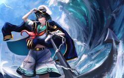 Rule 34 | 1girl, absurdres, anchor, anchor symbol, black coat, black hair, chain, coat, commentary request, gloves, green eyes, green sailor collar, grin, hair between eyes, hat, highres, murasa minamitsu, navel, neckerchief, peaked cap, red neckerchief, revision, sailor collar, sailor shirt, shirt, short hair, short sleeves, shorts, smile, solo, touhou, water, white gloves, white hat, white shirt, white shorts, yuhel