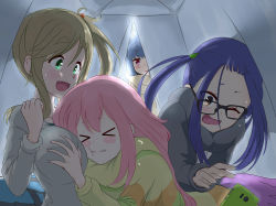 Rule 34 | &gt; &lt;, 10s, 4girls, accident, accidental pervert, between breasts, blue hair, blush stickers, grabbing another&#039;s breast, breasts, cellphone, fang, glasses, crooked eyewear, grabbing, hair between eyes, hair bobbles, hair bun, hair ornament, head between breasts, highres, inuyama aoi, kagamihara nadeshiko, large breasts, long hair, multiple girls, oogaki chiaki, open mouth, phone, pink hair, shima rin, side ponytail, sidelocks, single hair bun, skin fang, sweater, tent, thick eyebrows, twintails, viperxtr, yurucamp