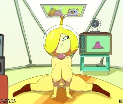 Rule 34 | 3girls, :&gt;, absurdres, adventure time, adventure time:fionna and cake, banana man (adventure time), body freckles, breasts, cake (adventure time), cleft of venus, colored skin, completely nude, fionna the human girl, freckles, furry, furry female, genderswap, genderswap (mtf), hair over one eye, highres, large breasts, looking at viewer, multiple girls, nude, pussy, somescrub, split, tagme, yellow skin