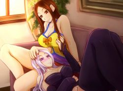 Rule 34 | 2girls, alternate costume, bad id, bad pixiv id, bow, bowtie, grabbing another&#039;s breast, breasts, brown eyes, brown hair, cleavage, collarbone, couch, curtains, grabbing, grabbing another&#039;s hair, twirling hair, indoors, lap pillow, large breasts, league of legends, leona (league of legends), multiple girls, oldlim, on couch, on lap, orange bow, orange bowtie, parted bangs, pool party leona, purple eyes, smile, swimsuit, syndra, white hair, windowsill, yuri