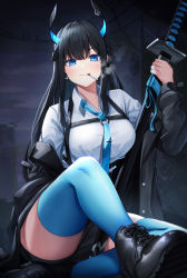 Rule 34 | 1girl, absurdres, black footwear, black hair, black jacket, blouse, blue eyes, blue necktie, blue thighhighs, blush, cigarette, closed mouth, commentary request, highres, holding, holding sword, holding weapon, horn piercing, horns, jacket, katana, lancheu, long hair, long sleeves, looking at viewer, necktie, original, piercing, shirt, shoes, smile, smoking, solo, sword, thighhighs, thighs, weapon, white shirt