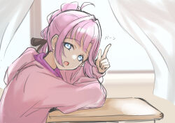 Rule 34 | 1girl, :o, absurdres, ahoge, anyoji hime, arm on table, black ribbon, blue eyes, blunt bangs, blurry, blurry background, classroom, commentary request, curtains, desk, finger gun, hair intakes, hair ribbon, highres, hood, hooded jacket, indoors, jacket, link! like! love live!, long hair, looking at viewer, love live!, multi-tied hair, open mouth, pink hair, pink jacket, ponytail, ribbon, school desk, sidelocks, solo, swept bangs, tomoe (tomoe 200), translated, upper body, virtual youtuber, window