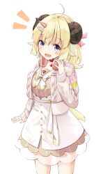 Rule 34 | 1girl, :d, ahoge, animal ears, blonde hair, blue eyes, blush, brown dress, commentary request, dress, hair between eyes, highres, hololive, horns, jacket, long hair, long sleeves, looking at viewer, minazuki mizu, notice lines, open clothes, open jacket, open mouth, puffy long sleeves, puffy sleeves, sailor collar, sailor dress, sheep ears, sheep girl, sheep horns, simple background, skirt, sleeves past wrists, smile, solo, standing, striped clothes, striped dress, tsunomaki watame, tsunomaki watame (1st solo live), tsunomaki watame (street casual), vertical-striped clothes, vertical-striped dress, very long hair, virtual youtuber, white background, white jacket, white sailor collar, white skirt