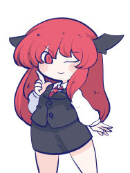 Rule 34 | 1girl, ;), bat wings, black skirt, black vest, chahan (fried rice0614), commentary request, cowboy shot, hand up, head wings, highres, index finger raised, koakuma, legs apart, necktie, one eye closed, red eyes, red hair, red necktie, simple background, skirt, skirt set, slit pupils, smile, solo, touhou, vest, white background, wing collar, wings