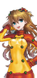 Rule 34 | 00s, 1girl, blue eyes, bodysuit, breasts, briska, brown hair, evangelion: 2.0 you can (not) advance, female focus, latex, long hair, multicolored clothes, navel, neon genesis evangelion, open mouth, plugsuit, rebuild of evangelion, simple background, skin tight, solo, souryuu asuka langley, test plugsuit, white background