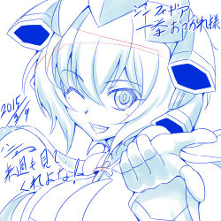 Rule 34 | 1girl, artist name, breasts, cleavage cutout, clothing cutout, copyright name, dated, grin, h-new, headgear, large breasts, long hair, looking at viewer, one eye closed, pointing, pointing at viewer, senki zesshou symphogear, smile, solo, translation request, white background, yukine chris