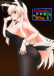 Rule 34 | 1girl, ahoge, aircraft, airplane, ass, bad id, bad pixiv id, bird tail, black pantyhose, blonde hair, blue eyes, blush, breasts, cleavage, collarbone, cross, dakku (ogitsune), detached collar, german text, gradient background, hairband, hand on thigh, hanna-justina marseille, head wings, highres, huge ahoge, iron cross, large breasts, leotard, light smile, long hair, nail polish, nontraditional playboy bunny, palm tree, pantyhose, playboy bunny, red nails, sideboob, sideways mouth, solo, star (symbol), strike witches, tail, translated, tree, very long hair, wings, world witches series, wrist cuffs