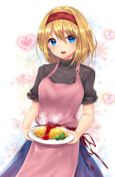 Rule 34 | 1girl, :d, absurdres, alice margatroid, apron, black sweater, blonde hair, blue eyes, food, hairband, heart, highres, holding, holding plate, looking at viewer, open mouth, pink apron, plate, red hairband, short hair, smile, solo, steam, suiroh (shideoukami), sweater, touhou, turtleneck, turtleneck sweater
