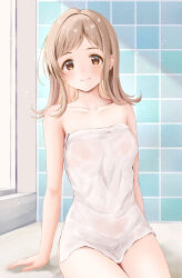 Rule 34 | 1girl, absurdres, arm support, bare arms, bare shoulders, bathroom, breasts, brown eyes, brown hair, ca paria, collarbone, highres, idolmaster, idolmaster shiny colors, indoors, looking at viewer, sakuragi mano, see-through, short hair, sitting, small breasts, smile, solo, swept bangs, tile wall, tiles, towel, white towel