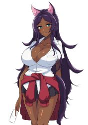 Rule 34 | 1girl, :3, animal ears, aqua eyes, blush, breasts, cleavage, clothes around waist, contemporary, dark-skinned female, dark skin, eyeliner, fate/grand order, fate (series), gyaru, holding, kogal, large breasts, long hair, looking at viewer, makeup, money, parted bangs, pleated skirt, purple hair, queen of sheba (fate), school uniform, shirt, simple background, skirt, smile, solo, standing, sweater, sweater around waist, tawashi1623, very long hair, white background