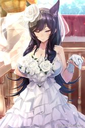 Rule 34 | 1girl, animal ears, atago (azur lane), azur lane, bare shoulders, black hair, blush, bouquet, breasts, bridal veil, bride, cleavage, closed mouth, collarbone, day, dress, flipped hair, flower, glint, gloves, hair flower, hair ornament, holding, holding hands, jewelry, large breasts, long hair, mappaninatta, mole, mole under eye, ornate ring, outdoors, railing, ring, rose, solo focus, sparkle, strapless, strapless dress, sunlight, swept bangs, twitter username, veil, very long hair, wedding dress, wedding ring, white dress, white flower, white gloves, white rose