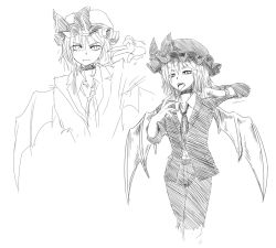 Rule 34 | 1girl, alternate costume, bat wings, didloaded, fangs, female focus, formal, greyscale, hat, monochrome, pant suit, pants, remilia scarlet, short hair, sketch, smirk, solo, suit, tongue, tongue out, touhou, watch, wings, wristwatch