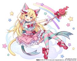 Rule 34 | 1girl, :d, animal ears, artist name, blonde hair, blue eyes, blue thighhighs, bow, breasts, cat ears, cat tail, cleavage, detached sleeves, dress, fang, frills, full body, hair bow, hand up, heart, holding, holding wand, invisible chair, kai-ri-sei million arthur, long hair, looking at viewer, million arthur (series), nyanya, official art, open mouth, paw pose, pink dress, pink thighhighs, puffy short sleeves, puffy sleeves, red bow, red footwear, short sleeves, simple background, sitting, small breasts, smile, solo, star (symbol), striped clothes, striped thighhighs, tail, thighhighs, very long hair, wand, watermark