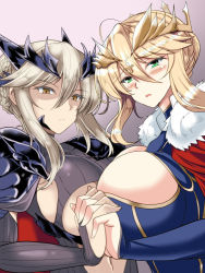 Rule 34 | 2girls, ahoge, armor, artoria pendragon (fate), artoria pendragon (lancer) (fate), artoria pendragon (lancer alter) (fate), blonde hair, blush, braid, braided bun, breasts, cape, cleavage, cleavage cutout, clothing cutout, crown, crown braid, dual persona, expressionless, fate/grand order, fate (series), french braid, fur trim, green eyes, hair bun, holding hands, large breasts, looking at viewer, multiple girls, navel, pale skin, red cape, shoulder armor, simple background, stomach, tiara, underboob, upper body, yasakani an, yellow eyes
