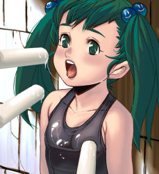 Rule 34 | 1girl, aged down, bad id, bad pixiv id, breast poke, food, green eyes, green hair, hair bobbles, hair ornament, hatsune miku, kouno (masao), matching hair/eyes, open mouth, poking, popsicle, sexually suggestive, solo, spring onion, twintails, vocaloid