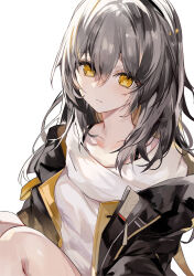 Rule 34 | 1girl, absurdres, black jacket, blush, closed mouth, collarbone, commentary, expressionless, grey hair, hair between eyes, highres, honkai: star rail, honkai (series), jacket, long hair, long sleeves, open clothes, open jacket, shirt, simple background, sitting, solo, sonna banana, stelle (honkai: star rail), symbol-only commentary, trailblazer (honkai: star rail), white background, white shirt, yellow eyes