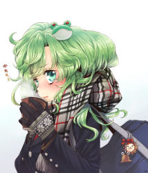 Rule 34 | 1girl, alternate costume, bag, blush, close-up, coat, coffee, contemporary, cup, drink, enpera, female focus, gloves, green eyes, green hair, highres, charm (object), kochiya sanae, lips, long hair, looking at viewer, matching hair/eyes, namisaki yuka, pout, pyonta, scarf, simple background, solo, touhou, upper body, winter clothes