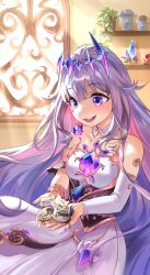 Rule 34 | 1girl, absurdres, chest jewel, colored inner hair, crown, crystal, dress, gem, highres, hololive, hololive english, koseki bijou, koseki bijou (1st costume), long hair, multicolored hair, open mouth, pink hair, purple eyes, solo, virtual youtuber, white dress