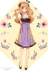 Rule 34 | 1girl, ao no kanata no four rhythm, apron, black ribbon, blonde hair, blush, breasts, brown eyes, commission, deviantart logo, dirndl, german clothes, hair ornament, highres, instagram logo, jewelry, large breasts, long hair, looking at viewer, necklace, puffy sleeves, puppypaww, purple apron, ribbon, satouin reiko, simple background, skirt, smile, solo, star (symbol), star in eye, symbol in eye, twitter logo, two side up, yellow skirt