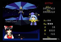 Rule 34 | +++, ..., 2girls, aimturein, ascot, black hair, black hat, blue hair, blue hat, bow, closed eyes, closed mouth, commentary, crossover, deltarune, detached sleeves, english commentary, english text, fake screenshot, flying sweatdrops, frilled bow, frills, full body, genderswap, genderswap (mtf), hair bow, hakurei reimu, hat, humanization, jester cap, jevil, long hair, lotus land story, multiple girls, neck ribbon, open mouth, parody, red bow, red shirt, ribbon, ribbon-trimmed sleeves, ribbon trim, shirt, sidelocks, smile, sweatdrop, touhou, touhou (pc-98), white shirt, yellow ascot