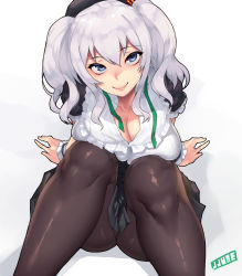 Rule 34 | 10s, 1girl, alternate costume, artist name, ass, bad id, bad pixiv id, beret, black pantyhose, blue eyes, breasts, cleavage, hat, highres, jjune, kantai collection, kashima (kancolle), knees to chest, long hair, looking at viewer, pantyhose, silver hair, sitting, skirt, smile, solo, twintails