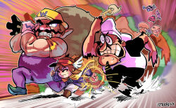 Rule 34 | 1girl, 2boys, a hat in time, afterimage, bag, brown hair, cape, chef hat, clenched teeth, closed eyes, commentary, crossover, english commentary, facial hair, frown, gloves, hat, hat kid, highres, holding, holding bag, kaibootsu, keyzer, mario (series), multiple boys, multiple crossover, mustache, nintendo, overalls, peppino spaghetti, pizza tower, pointy footwear, purple overalls, running, signature, speed lines, sweat, teeth, thick eyebrows, toppins (pizza tower), visor cap, wario, wario land, wario land 4, white gloves, winged hat, yellow cape