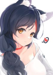 Rule 34 | 1girl, animal ear fluff, animal ears, asymmetrical clothes, asymmetrical shirt, breasts, choker, cleavage, closed mouth, clothing cutout, hair over shoulder, heart, highres, hololive, large breasts, light smile, long hair, long sleeves, looking at viewer, multicolored hair, ookami mio, ookami mio (casual), paw print, paw print pattern, red choker, red hair, seductive smile, shirt, shoulder cutout, single bare shoulder, smile, solo, spoken heart, streaked hair, virtual youtuber, white shirt, wolf ears, wolf girl, xiaodong327399, yellow eyes