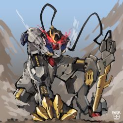 Rule 34 | absurdres, bad id, bad pixiv id, claws, commentary, damaged, english commentary, glowing, glowing eyes, gundam, gundam barbatos, gundam barbatos lupus rex, gundam tekketsu no orphans, highres, looking at viewer, mecha, mechanical tail, missing limb, mobile suit, moku (pintor09), no humans, red eyes, robot, science fiction, sketch, solo, tail, v-fin