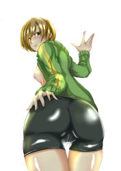 Rule 34 | 1girl, absurdres, arc system works, ass, ass grab, atlus, bike shorts, blush, breasts, brown eyes, brown hair, cameltoe, deep skin, female focus, fingernails, from behind, gggg, grabbing own ass, hand on own ass, highres, hip focus, jacket, looking back, looking down, megami tensei, nail, nipples, open clothes, open jacket, open mouth, persona, persona 4, satonaka chie, sh (shogone), shadow, shin megami tensei, short hair, shorts, small breasts, solo, track jacket, wide hips