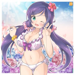 Rule 34 | 1girl, bikini, blue eyes, breasts, commentary request, flower, frilled bikini, frills, gluteal fold, hair flower, hair ornament, hibiscus, highres, index finger raised, large breasts, long hair, looking at viewer, love live!, love live! school idol project, low twintails, navel, one eye closed, purple hair, red flower, scrunchie, side-tie bikini bottom, smile, solo, swimsuit, takecho, thigh gap, tojo nozomi, twintails, white bikini, wrist scrunchie, yellow scrunchie