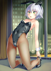 Rule 34 | 1girl, animal ears, black footwear, black leotard, black pantyhose, bosshi, cameltoe, cleft of venus, collarbone, commentary request, detached collar, fake animal ears, fate/apocrypha, fate/grand order, fate (series), green eyes, hairband, highleg, highleg leotard, highres, indoors, jack the ripper (fate/apocrypha), kneeling, leotard, open mouth, pantyhose, playboy bunny, rabbit ears, rabbit girl, scar, scar on face, short hair, silver hair, solo