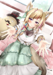 Rule 34 | 1girl, alternate costume, animal ears, blonde hair, blue hair, blush, braid, breasts, closed mouth, ebiko yaki, facing viewer, fennec fox, highres, hololive, incoming hug, indoors, long hair, long sleeves, looking at viewer, medium breasts, multicolored hair, omaru polka, omaru polka (street casual), open hands, outstretched arms, outstretched hand, purple eyes, reaching, reaching towards viewer, red hair, side braid, sitting, smile, spread arms, tail, virtual youtuber