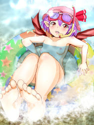 Rule 34 | 1girl, bare legs, barefoot, bat wings, blush, breasts, breathing tube, commentary request, diving mask, diving mask on head, feet, foot focus, full body, goggles, goggles on head, hair between eyes, hair ornament, hat, hat ribbon, innertube, legs up, looking at viewer, lying, medium breasts, nail polish, nipples, no shoes, nude, open mouth, pink hat, pointy ears, purple hair, red eyes, red ribbon, red wings, remilia scarlet, reri, ribbon, shallow water, short hair, smile, soles, solo, solo focus, submerged, swim ring, toes, touhou, water, wings