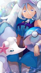 Rule 34 | 1girl, asakura sara, ball, beachball, blue shorts, bracelet, breasts, closed mouth, colored eyelashes, commentary request, creatures (company), crossover, game freak, gen 7 pokemon, hair between eyes, hatsune miku, highres, holding, jewelry, nintendo, pokemon, pokemon (creature), primarina, project voltage, shorts, twintails, visor cap, vocaloid, water miku (project voltage), white hair, zipper, zipper pull tab