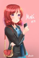 Rule 34 | 1girl, :o, absurdres, artist name, artist request, bag, belt, black belt, black jacket, blue shirt, blue skirt, blush, carrying, carrying bag, cellphone, collarbone, collared shirt, female focus, hair between eyes, highres, holding, holding phone, jacket, looking at viewer, love live!, love live! school idol project, nishikino maki, phone, purple eyes, red background, red hair, shirt, short hair, shuzuta, skirt, solo