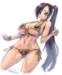 Rule 34 | 1girl, amania orz, ass, bare shoulders, bikini, blush, breasts, cleavage, collarbone, dated, dragon quest, dragon quest xi, front-tie bikini top, front-tie top, gluteal fold, heart, hip focus, large breasts, long hair, looking at viewer, martina (dq11), navel, parted lips, ponytail, shiny skin, side-tie bikini bottom, side-tie bottom, simple background, solo, square enix, swimsuit, text focus, thighs, twitter username, underboob, very long hair, white background