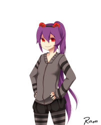 Rule 34 | 1girl, at2., black skirt, closed mouth, grey pantyhose, hair bobbles, hair ornament, hands on own hips, highres, long hair, long sleeves, looking at viewer, minecraft, pantyhose, personification, pleated skirt, purple hair, red eyes, skirt, smile, solo, spider (minecraft), thighband pantyhose, very long hair