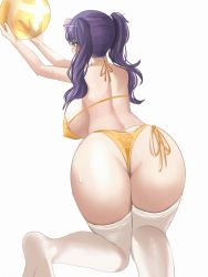 Rule 34 | 1girl, ass, azur lane, back, ball, bikini, blush, breasts, eyewear on head, highres, holding, holding ball, large breasts, long hair, looking away, no shoes, official alternate costume, pigeon (wejil), pola (azur lane), pola (seaside coincidence) (azur lane), purple hair, red eyes, seiza, sitting, soles, solo, sweat, swimsuit, thighhighs, thighs, twintails, white background, white thighhighs, yellow bikini