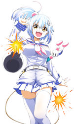 Rule 34 | 1girl, :d, belt, blue hair, blue sailor collar, blue skirt, bomb, bombergirl, breasts, character hair ornament, commentary request, cowboy shot, explosive, fuse, gradient hair, hair ornament, hanging on arm, highres, large breasts, lit fuse, long hair, long sleeves, multicolored hair, neckerchief, open mouth, pink neckerchief, pleated skirt, sailor collar, school uniform, serafuku, shiro (bombergirl), side ponytail, simple background, skirt, smile, solo focus, thighhighs, upper body, watarui, waving, white background, white bomberman, white hair, white serafuku, white thighhighs, yellow eyes, zettai ryouiki