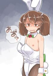 Rule 34 | 1girl, animal ears, brown eyes, brown hair, detached collar, enjaku izuku, flat chest, highres, kantai collection, leotard, magatama, oversized clothes, pantyhose, playboy bunny, rabbit ears, ryuujou (kancolle), shaded face, simple background, solo, sweat, translation request, twintails, wrist cuffs
