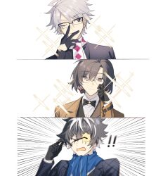 Rule 34 | !, !!, &gt; &lt;, 3boys, 3koma, ;), adjusting eyewear, ahoge, bespectacled, black bow, black bowtie, black coat, black eyes, black gloves, black hair, black jacket, black vest, blue scarf, bow, bowtie, brown eyes, brown jacket, charlemagne (fate), coat, collared shirt, comic, constantine xi (fate), earrings, emphasis lines, unworn eyewear, eyewear strap, fate/grand order, fate (series), glasses, gloves, grey hair, hair between eyes, half gloves, highres, holding, holding removed eyewear, idass (idass16), jacket, james moriarty (ruler) (fate), jewelry, looking at viewer, male focus, multicolored hair, multiple boys, official alternate costume, one eye closed, open mouth, round eyewear, scarf, shirt, short hair, silent comic, simple background, smile, sparkle, streaked hair, sweatdrop, swept bangs, traditional bowtie, upper body, vest, white background, white hair, white scarf, white shirt