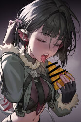 1girl absurdres animal_ears bar_censor black_gloves blunt_bangs blush breasts censored cheese closed_eyes commentary drooling english_commentary fangs fingerless_gloves food fur-trimmed_jacket fur_trim gloves green_hair green_jacket highres holding holding_food jacket jane_doe_(zenless_zone_zero) large_breasts long_hair mouse_ears mouse_girl mouse_tail multicolored_hair nail_polish navel open_mouth red_hair red_nails saliva sidelocks simple_background solo sweatdrop tail teeth tongue tongue_out two-tone_hair upper_body upper_teeth_only yeayeo_jzat zenless_zone_zero