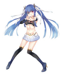 Rule 34 | 1girl, :d, alternate costume, armpits, azur lane, bare shoulders, black footwear, black shirt, blouse, blue eyes, blue hair, boots, breasts, choker, cleavage, commission, cosplay, covered erect nipples, crop top, detached sleeves, glowing, glowing eyes, habu rin, hair ribbon, hatsune miku, heterochromia, high heel boots, high heels, highleg, highres, horns, ibuki (azur lane), large breasts, long hair, long sleeves, looking at viewer, midriff, miniskirt, navel, open mouth, over-kneehighs, panty straps, pleated skirt, race queen, racing miku, racing miku (2018), racing miku (2019), racing miku (cosplay), red eyes, revealing clothes, ribbon, shirt, simple background, skeb commission, skirt, smile, solo, spaghetti strap, stomach, thigh boots, thighhighs, thighs, twintails, underboob, very long hair, white background, white skirt, zettai ryouiki
