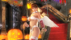 Rule 34 | 1girl, 3d, breasts, dead or alive, dead or alive 5, halloween, kasumi (doa), large breasts, long hair, official art, official wallpaper, ponytail, solo, tecmo, underboob, wallpaper, wings